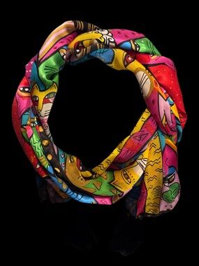 Laurel Burch Bright Multicolor Cat Print Fringe Scarf